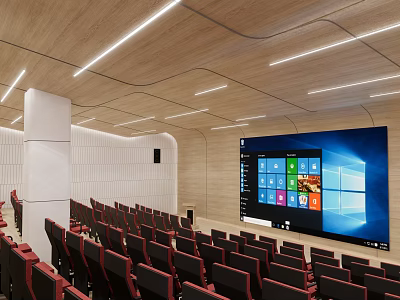 Modern Conference Room Interior With Large Projection Screen Red Seats Wooden Ceiling And White Walls 3d model