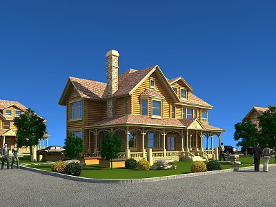 Traditional Wooden Detached Villa Exterior With Gabled Roof Porch Lawn Trees And Driveway 3d model