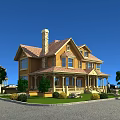 Traditional Wooden Detached Villa Exterior With Gabled Roof Porch Lawn Trees And Driveway