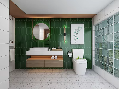 Stylish Modern Bathroom With Emerald Green Geometric Tiles Floating Vanity And Round Wall Mirror 3d model