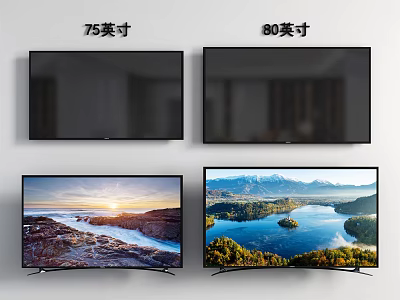 75 Inch and 80 Inch Televisions With Wall Mounted and Stand Placed Design And Scenic Display Screens 3d model