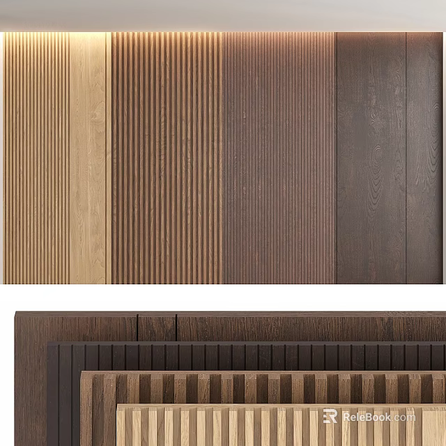 Wooden Wall Decor With Vertical Stripes And Smooth Panels In Brown Tones 3d model 