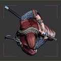 The Man in Red Ninja Costume in Fighting Stance Wielding Dual Swords with Rope Details