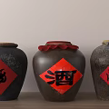Traditional Ceramic Wine Jars With Red Jiu Character And Red Lid On Wooden Table