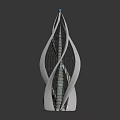 Modern Tower Building With Streamlined White Exterior Blue Gold Stripes And Blue Top Sphere