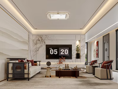 New Chinese Style Living Room Painting Door Sofa Wine Cabinet Ceiling Lamp 3d model