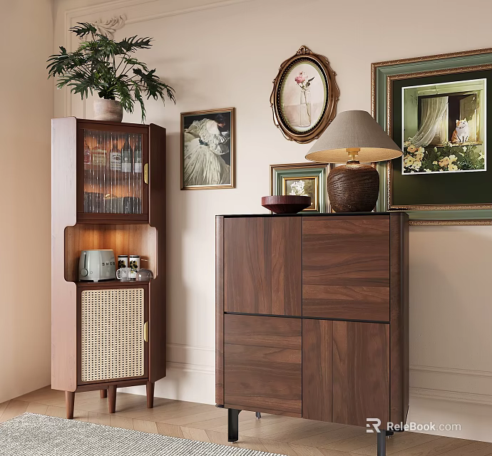 Wooden Console Cabinet And Side Cabinet With Wall Art Potted Plant And Table Lamp 3d model 