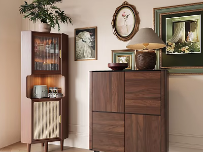 Wooden Console Cabinet And Side Cabinet With Wall Art Potted Plant And Table Lamp 3d model