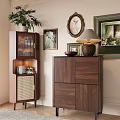 Wooden Console Cabinet And Side Cabinet With Wall Art Potted Plant And Table Lamp