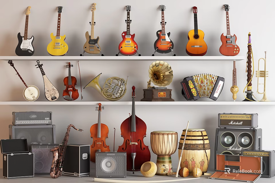 Assorted Musical Instruments Display On Shelves With Guitars Violins And Saxophones 3d model 
