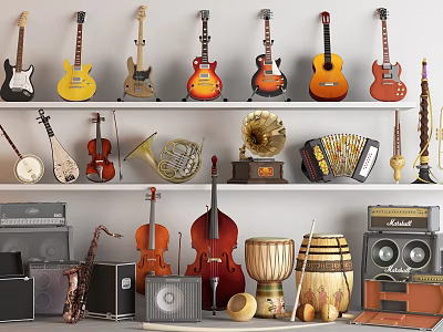 Assorted Musical Instruments Display On Shelves With Guitars Violins And Saxophones 3d model
