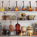 Assorted Musical Instruments Display On Shelves With Guitars Violins And Saxophones