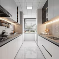 Modern Kitchen Interior Design With White Cabinets Gray Countertops Strip Lights And Appliances