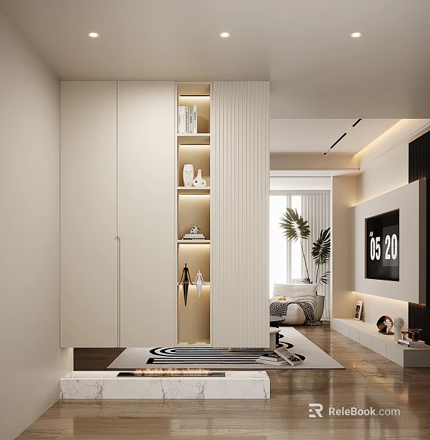 Modern Entryway Hallway Design With White Cabinet Open Shelves Decorative Items And Lighting 3d model 