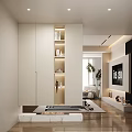 Modern Entryway Hallway Design With White Cabinet Open Shelves Decorative Items And Lighting