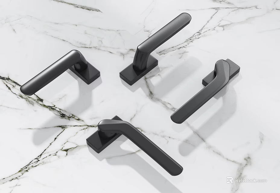 Black Modern Door Handles on White Marble Background with Sleek Contemporary Design 3d model 