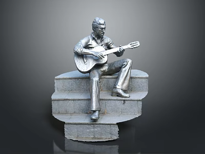 Man Statue Sitting On Stone Steps Playing Acoustic Guitar Art Sculpture 3d model