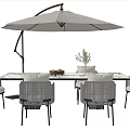 Modern Outdoor Dining Table And Chairs With Cantilever Umbrella Fruit Tray And Plant