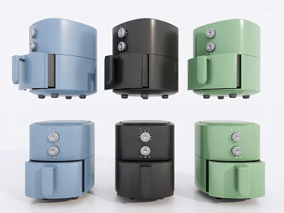 Modern Colorful Kitchen Appliances Air Fryers with Control Knobs in Blue Black Green 3d model