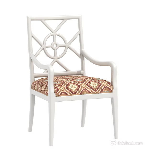 Modern Leisure Chair With White Frame Geometric Backrest And Patterned Fabric Seat 3d model 