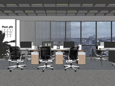 Modern Public Office Space With Desks Computers Large Windows City View And Green Plants 3d model