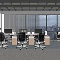 Modern Public Office Space With Desks Computers Large Windows City View And Green Plants