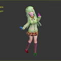 Child with white and purple hair wearing white top red plaid skirt making peace sign