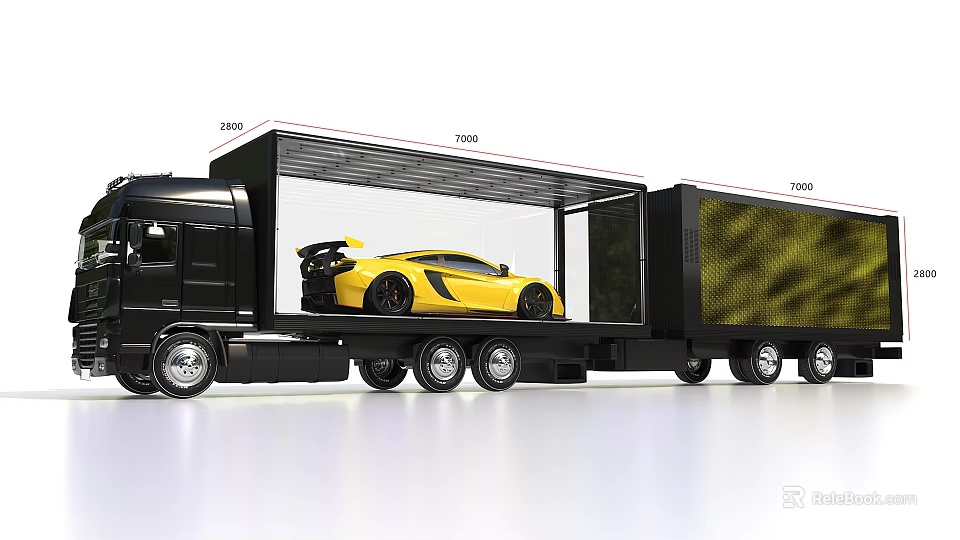 Black Transport Truck With Yellow Sports Car In Cargo Area 3d model 