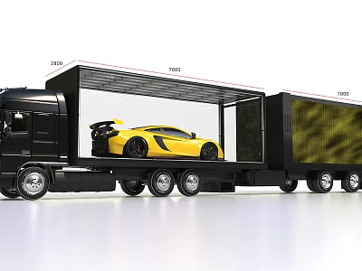 Black Transport Truck With Yellow Sports Car In Cargo Area 3d model Black Transport Truck With Yellow Sports Car In Cargo Area 3d model