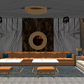 Modern KTV Lounge Interior Design With Luxury Sofa Golden Coffee Table And Curved Decorative Walls