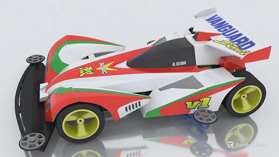 Red White Green Toy Racing Car With V1 Model Shanghai Logo And Yellow Wheels 3d model 