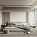 Modern Minimalist Bedroom Interior With Striped Accent Wall Large Bed And Window Blinds 3d model