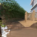 Courtyard Garden Featuring Wooden Deck Red Maple Tree Umbrella Stones And Green Plants