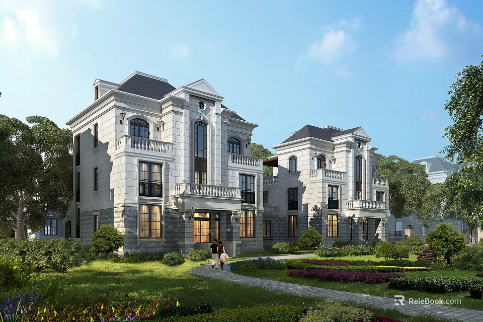 European Style Detached Villa with Classic Exterior Design Lush Garden and Balconies 3d model 