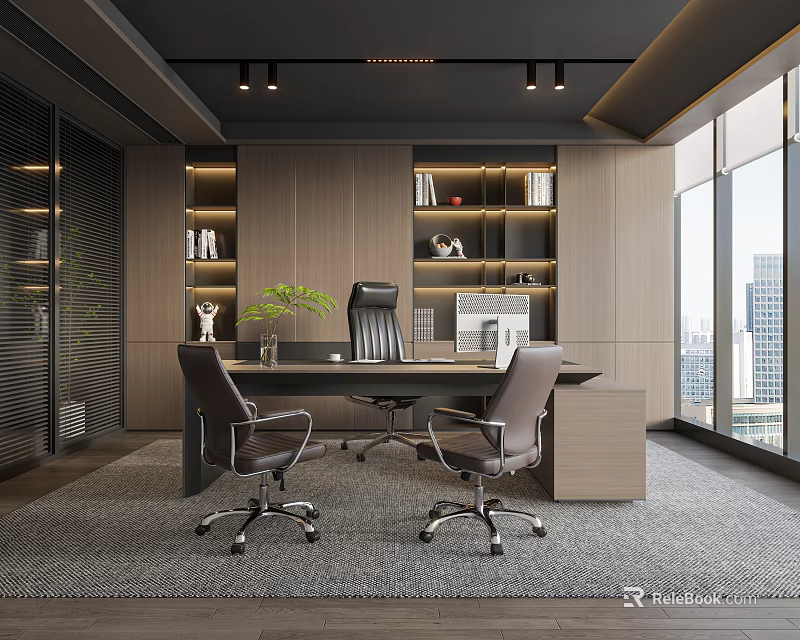 Modern Office Interior With Large Desk Office Chairs Bookshelves Decorations Potted Plant And City View 3d model 