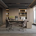 Modern Office Interior With Large Desk Office Chairs Bookshelves Decorations Potted Plant And City View