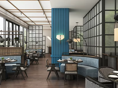 Stylish Restaurant Interior With Blue Pillar Black Grid Partitions And Booth Seating 3d model