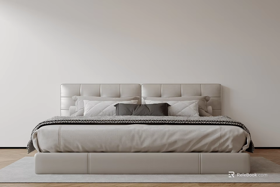 Modern Double Bed With Upholstered Headboard And Plush Pillows Light Gray Bedding 3d model