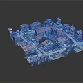 Cartoon Scene of Miniature Urban City with Red Roof Buildings Streets and Cars