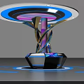 Modern Ornamental Device with Circular Top Blue Purple Lights Twisted Structure Black Base Blue Halo