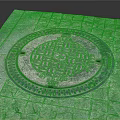 Decorative Manhole Cover On Stone Pavement With Metal Rim And Fasteners