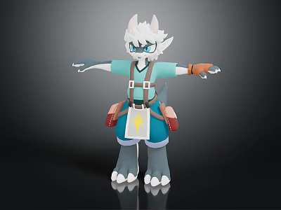 Anthropomorphic Creature Character With White Fur Horns Blue Top Suspenders Yellow Star And Clawed Feet 3d model