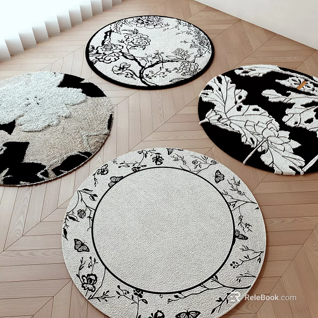 Round Area Rugs With Various Floral And Leaf Patterns On Wooden Floor 3d model