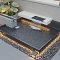 Outdoor Decorative Water Fountain With Paved Area Pebbles Lighting And Plants