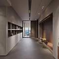 Modern Elegant Lounge Area With Bench Niche Lighting Floral Vase Gray Floor And Wooden Elements