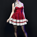 Elegant Woman in Red Dress with White Lace Trim Wearing Necklace Against Black Background
