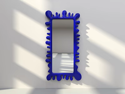 Blue Decorative Mirror With Unique Wavy Frame Against White Wall With Sunlight Shadows 3d model