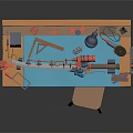 Wooden Workbench With Matching Stool Tools Table Lamp And Paint Cans On Top Below Drawers
