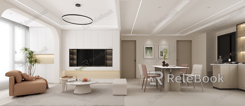 Living Room Dining Room Guest Dining Room Cream Style Dining Room Sofa Dining Table Kitchen Drinking Machine Air Outlet Chandelier Door Cream Style Dining Table TV Background model