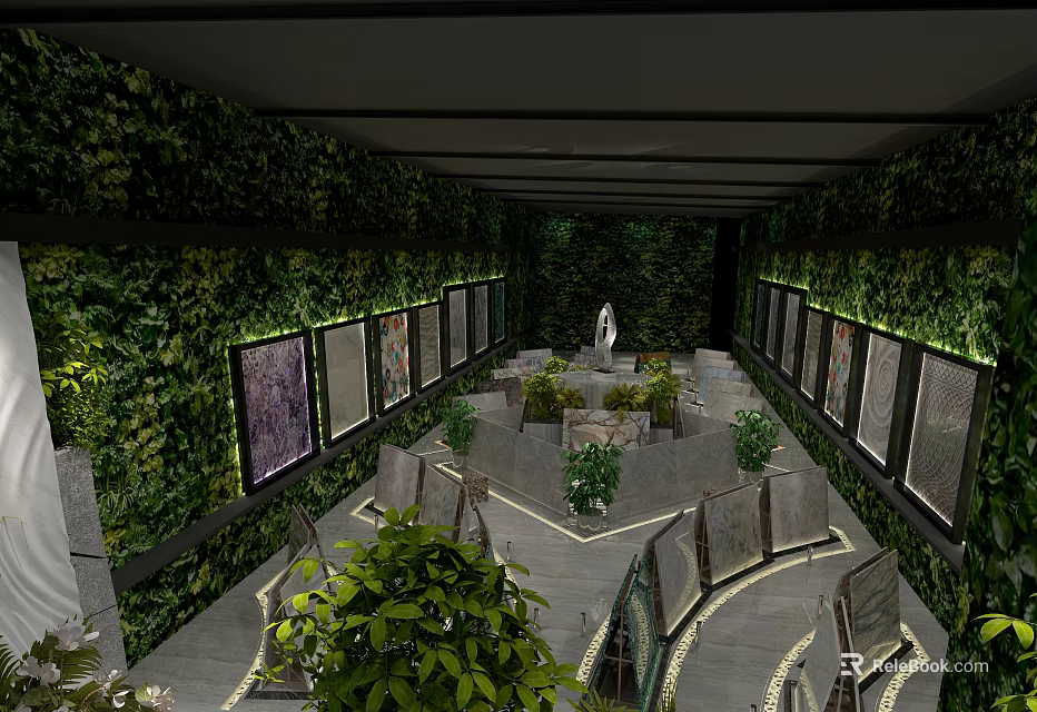 Indoor Art Gallery Space With Green Plant Walls Display Frames Circular Stands And Sculpture 3d model 